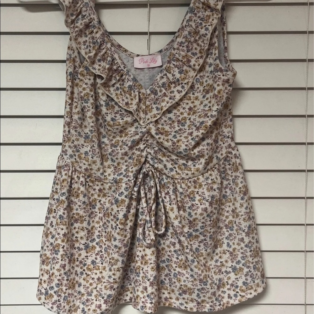 Pink Lily floral ruffle cinched tank blouse